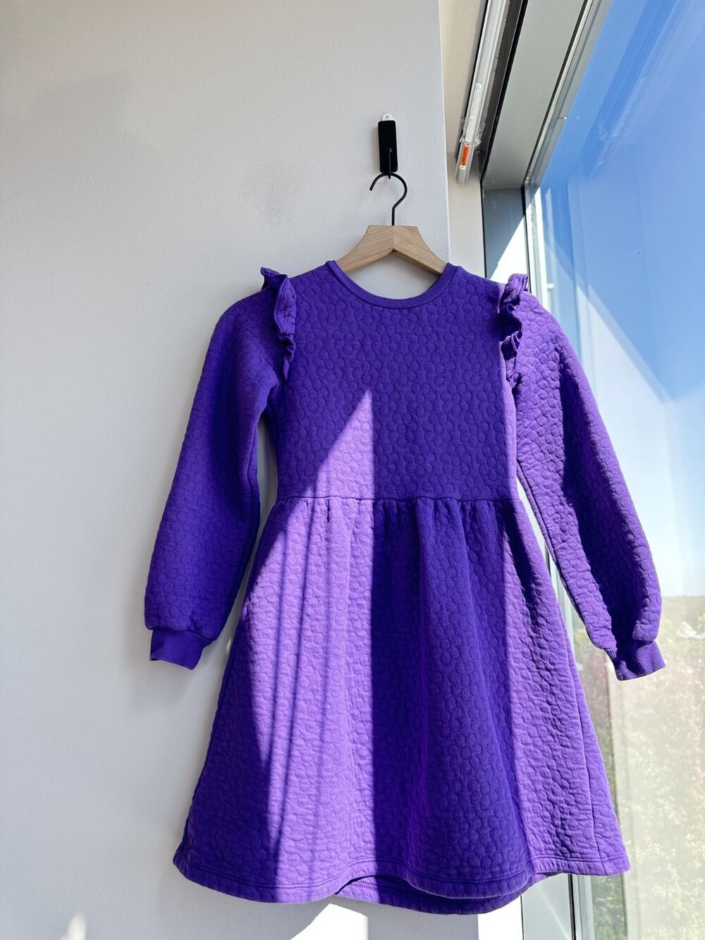 Mini Boden Purple Charming Shoulder Ruffles Long Sleeve Quilted Dress 10-11y